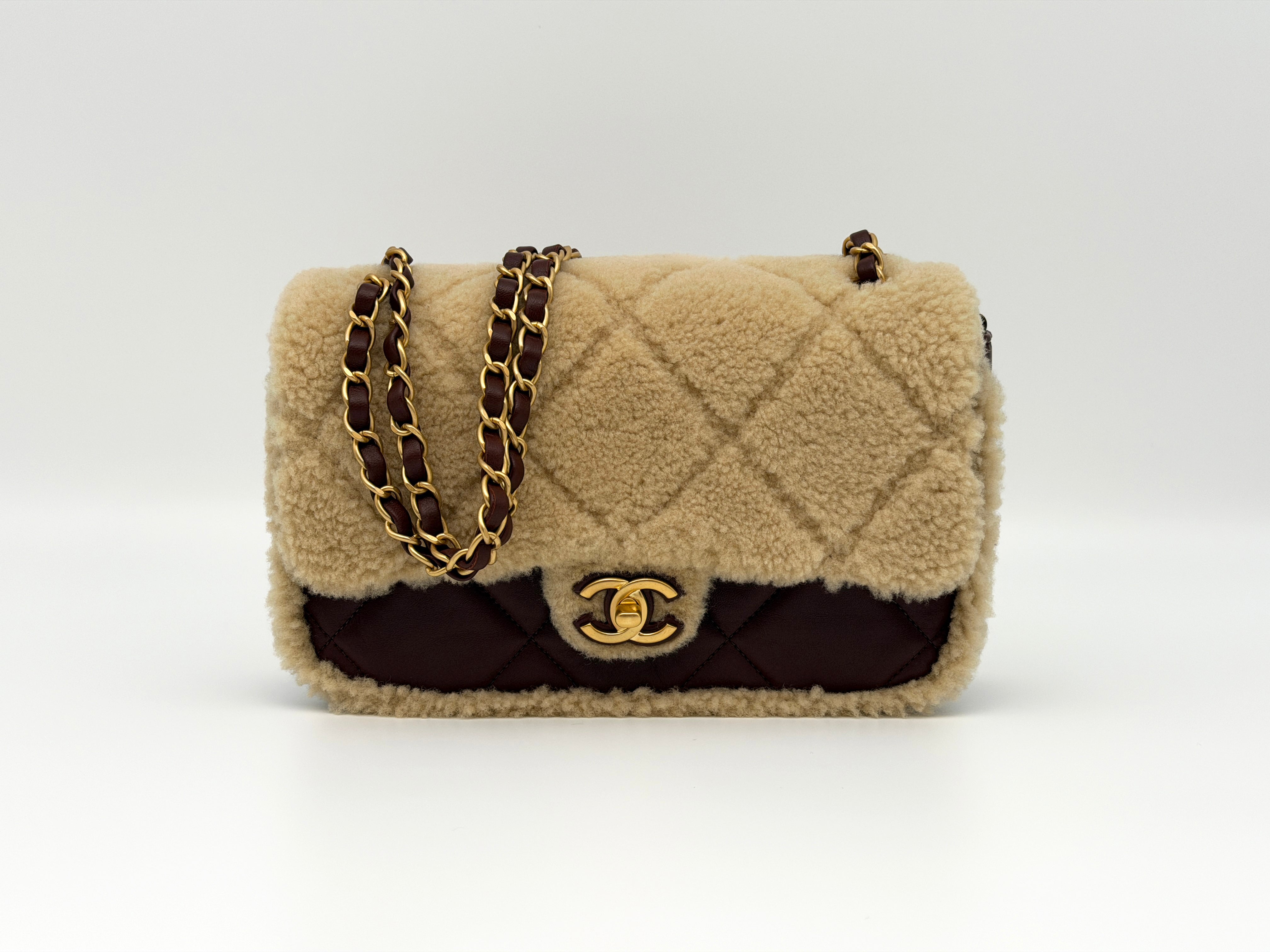 Chanel Flap Bag 25K Beige Shearling and Dark Brown Lambskin with